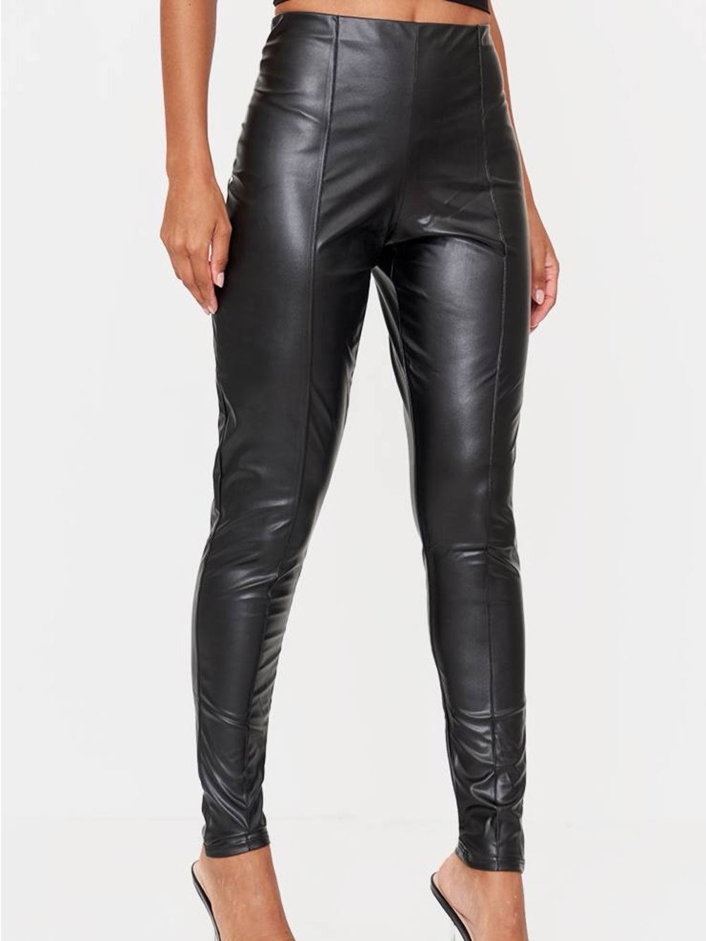 PRETTY LITTLE THING FAUX LEATHER PINTUCK DETAIL LEGGINGS BLACK US 4